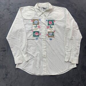 Napa Valley Petites Floral Embroidered Pinstripe Button Down Shirt Medium PR04T4